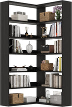 4 EVER WINNER Corner Book Shelf with LED Lights, 71” High Coner Bookshelf with Storage for Living Room, Study Room, Modern Storage Display Industrial L Shaped Bookshelf, Black