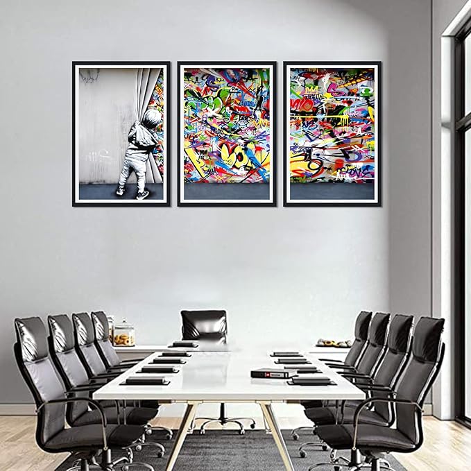 Novatique Graffiti Canvas Wall Art Pop Art Wall Decor Behind the Curtain With Framed Graffiti Poster Artwork for Living Room Office,24" x 36" x 3pcs