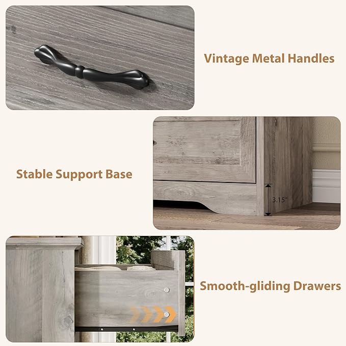 GAOMON Farmhouse 6 Double Drawers Dresser for Bedroom, 47.2'' Wide Chest of Drawer, Wooden Horizontal Dresser with Metal Handles and Stable Base, Modern Cabinet for Bedroom, Living Room, Grey