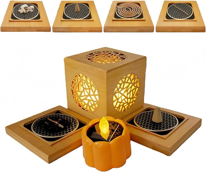 Bamboo Incense Burner & Sage Holder, Multi-Use Incense Holder with Solar & Flameless Candles, Solar LED Ambient/Mood Light, Solar Candle Lights, LED Night Light Bedside Lamp, 8-12H Charging