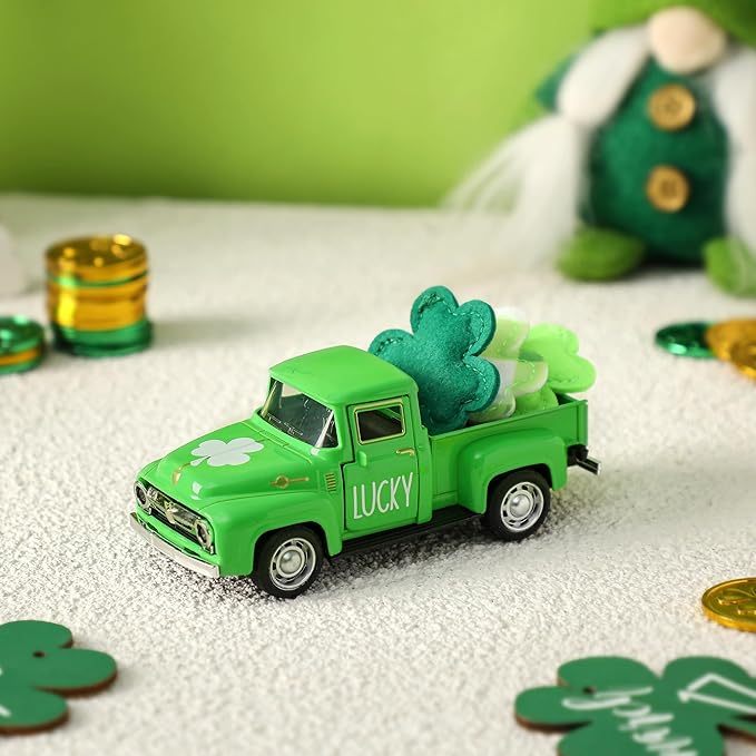 St. Patrick's Day Decorations for Home - Decor for Tiered Tray Metal Farm Truck with 3 Shamrocks Saint Patricks Day Vintage Diecast Pickup Truck Model for Shelf Table Centerpiece Décor 4.8inch