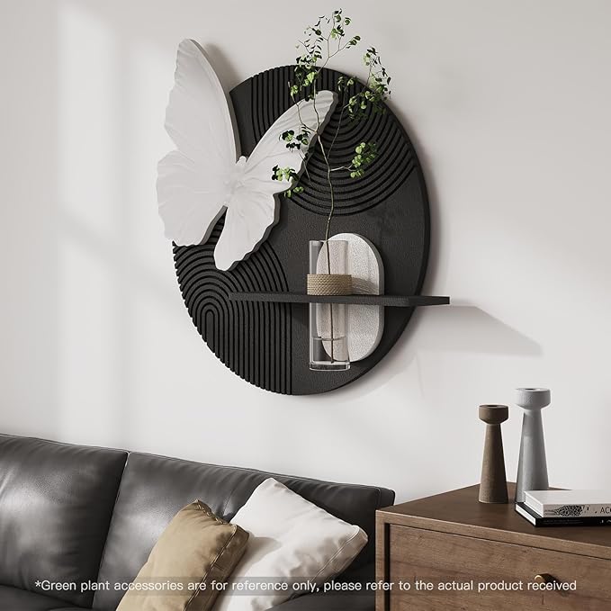 Troartos 3D Textured Black and White Wall Art for Living Room, Modern Minimalist Butterfly with Vase Artwork for Walls, Geometric Round Sandstone Wall Decor for Bedroom, Hallway, Dining Room, Office