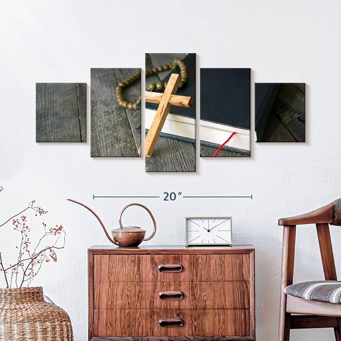 Elephant Stock Cross Canvas - 5 Panel Christian Pictures Decor - Canvas Print Wall Decor - Christian Cross Wall Art - 36" X 15"
