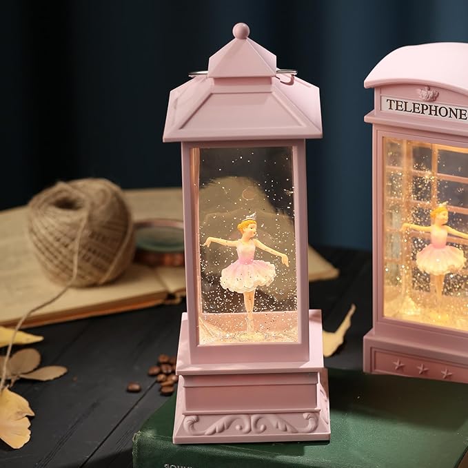 Snow Globe Lantern with Ballet Girl Ballerina – Shatterproof 8 Songs Musical Box Automatic Snowfall Led Light USB & Battery Powered,for Valentine’s Day Gifts Present Birthday Home Fall Decoration,Pink