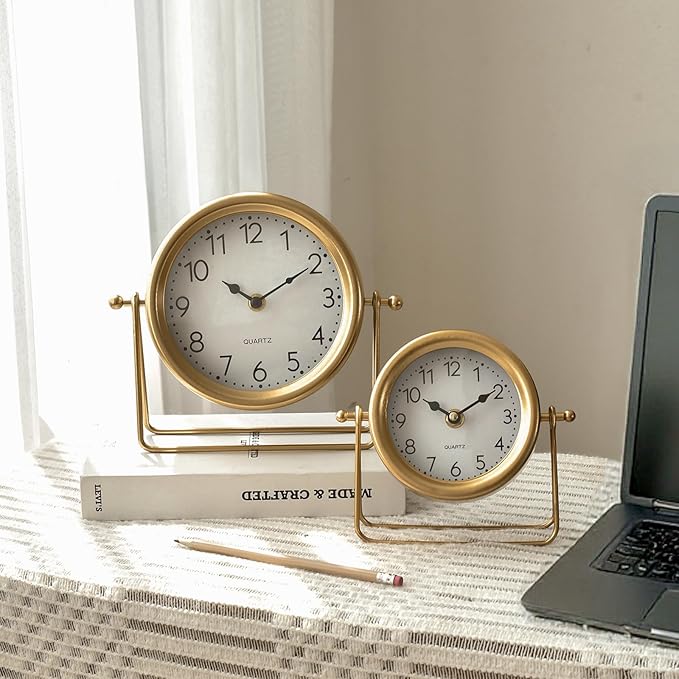 Small Gold Desk and Shelf Clock, 6.9*5.9 Inch Retro Elegant Tabletop Clock with Glass Cover, Silent Non-Ticking Battery Operated Decorative Clock for Living Room, Office, Bedroom, Gift Idea