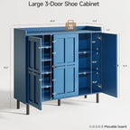 ONBRILL Shoe Cabinet with 3 Doors and Adjustable Shelves, 30 Pairs Shoe Storage Cabinet, 40 Inch Tall Farmhouse Shoe Rack Shoe Organizer Cabinet for Entryway Living Room Closet, Blue
