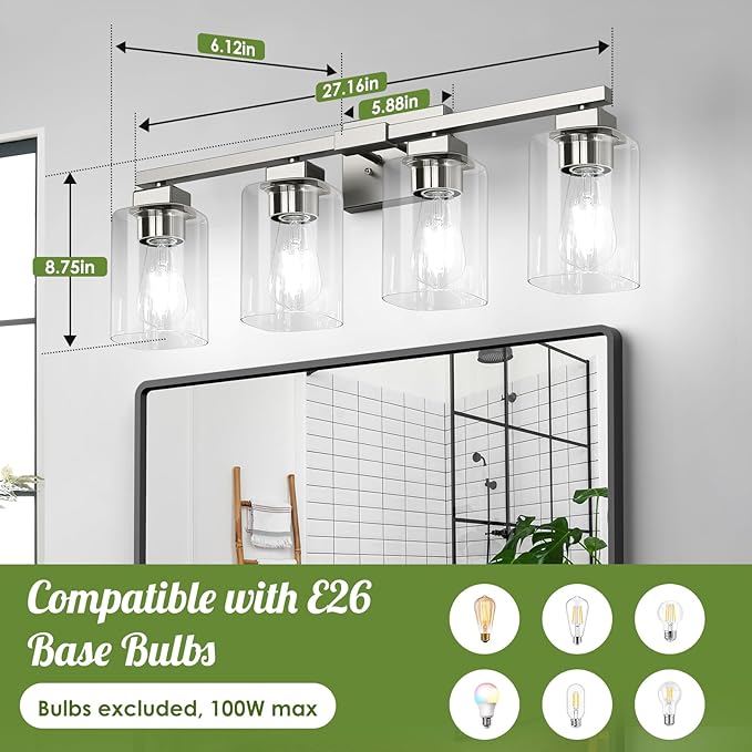 BesLowe 27" 4-Light Bathroom Light Fixture, Modern Brushed Nickel Bathroom Vanity Light, Bathroom Lighting Fixtures Over Mirror, Matte Nickel Bathrom Wall Lamp, Wall Lights for Living Room Bedroom