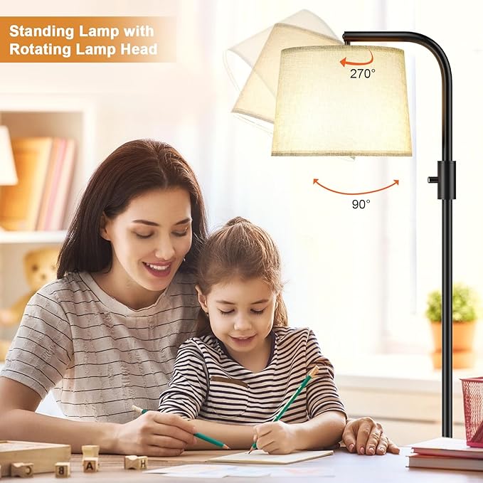 Ambimall Fully Dimmable Floor Lamp - Floor Lamps 9W LED Light Bulbs, Standing Lamps for Living Room with Adjust Head, Modern Standing Light Rotary Switch, Tall Lamp for Bedroom (Black and Linen Grey)