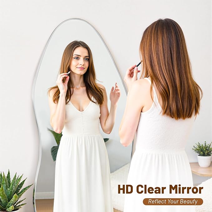 Antok Full Length Mirror, 68"x26" Floor Mirror with Stand, Standing Hanging Leaning Irregular Mirrors for Bedroom Living Room Entryway, Wavy Shaped, Silvery