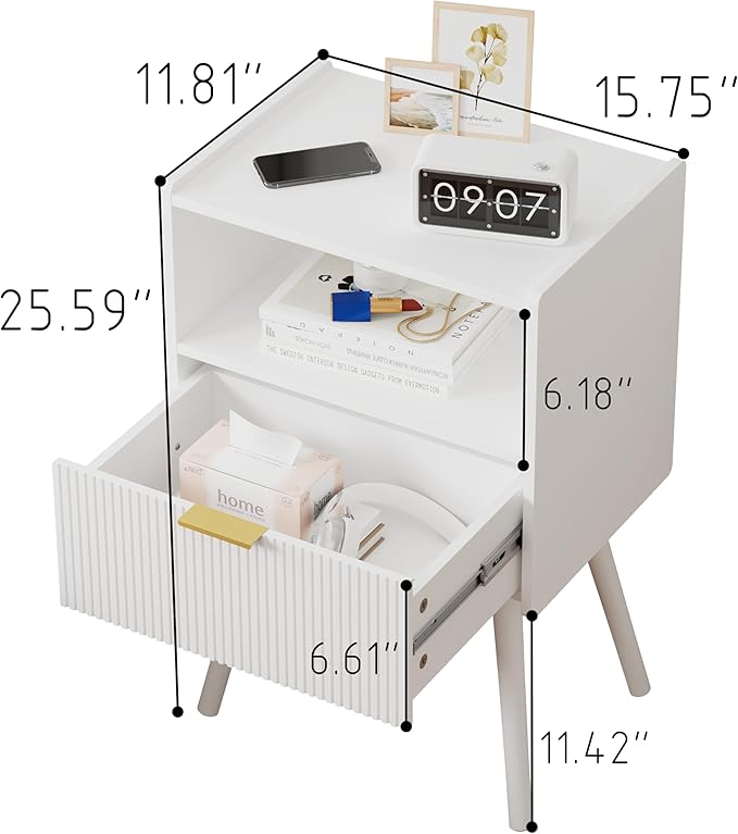 White Nightstand,Modern Bedside Table with Storage Drawer and Open Wood Shelf, for Living Room, Bedroom and Small Spaces, Accent Night Stand with Solid Wood Legs, Easy Assembly,Classic White