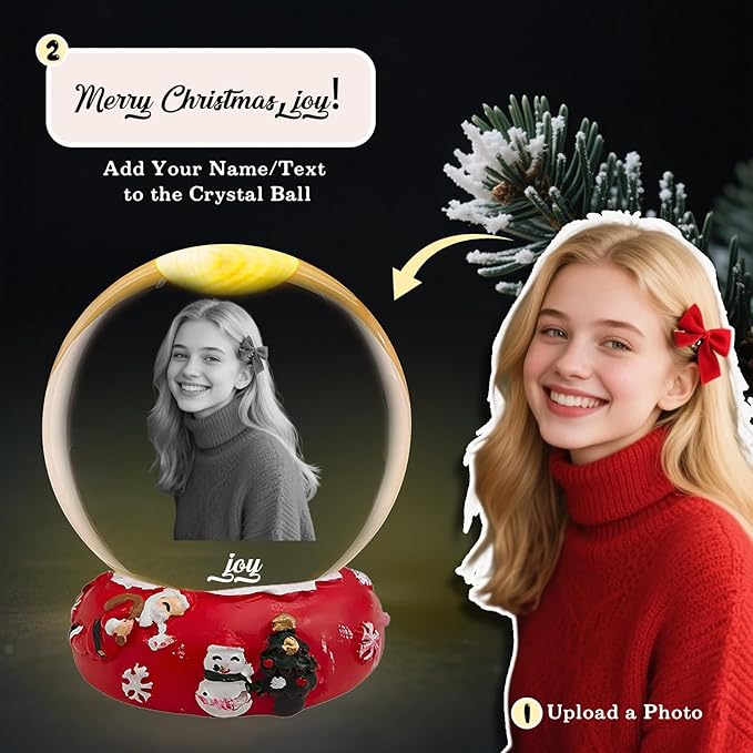 Custom Snow Globes with Photo Name Christmas Snow Globes with Light-Up Base Personalized Engraving Crystal Snowglobe Gifts for Family Women Men Kids Xmas Gift (Snowglobe)