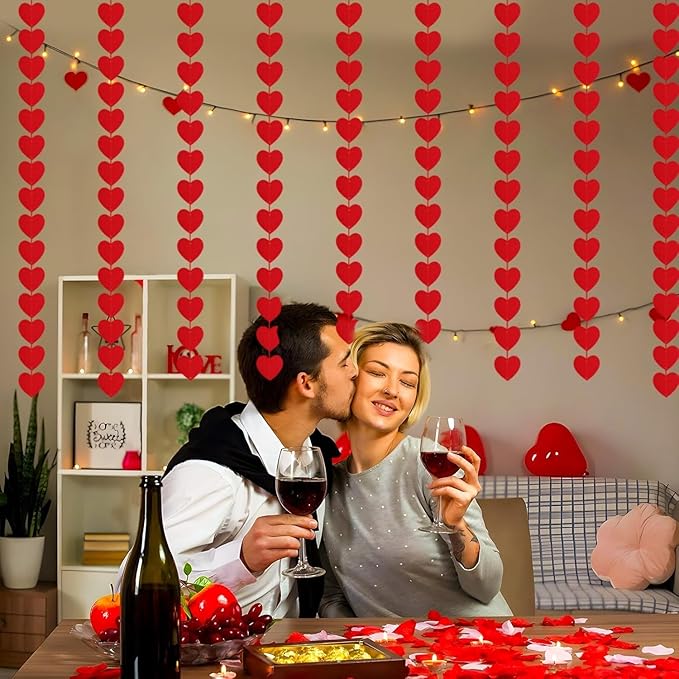 Valentines Day Decorations, 96 PCS Red Felt Heart Garland Hanging, Pre-Assembled Romantic Heart String Garland for Home, Wedding, Anniversary & Party Decor