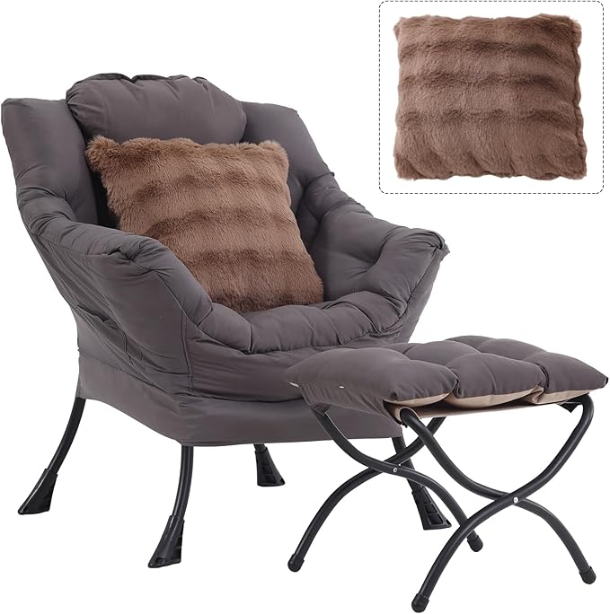 Lazy Chair with Ottoman, Large Lounge Accent Chair with Ottoman and a Throw Pillow, Shadow Grey Reading Chair for Living Room Bedroom Dorm Room Office Apartment Relaxing Use