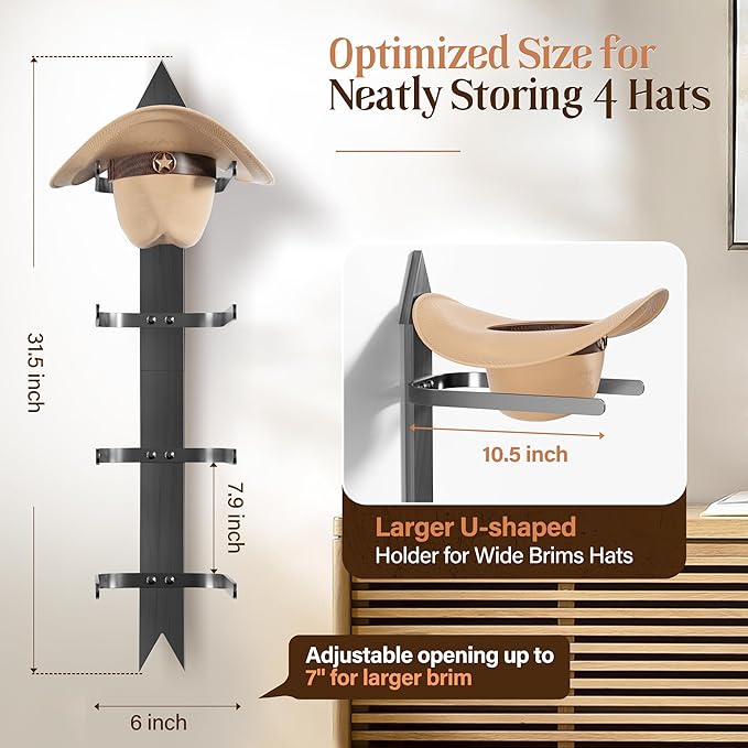 Cowboy Hat Rack for Wall, Cowboy Hat Holder Wall Mount Holds up to 4 Hats, Wooden Western Rustic Metal Hat Hanger with Arrow Sign Board, Hat Organizer for Cowboyhat, Fedora,Sun Hats (Black)