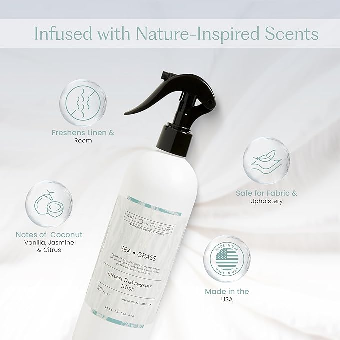 FIELD FLEUR Sea Grass Linen & Room Spray 15.5 oz - Aromatic & Refreshing Bedding & Fabric Mist - Air Freshener for Clothes & Sofas - Notes of Blackcurrant, Jasmine & Sandalwood - Made in USA