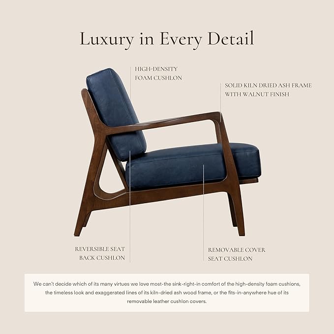 Poly & BARK Verity Leather Accent Chair – Armchair with Walnut Wood Frame – Fashion-Forward Lounge Seating for Living Room – Upholstered in Midnight Blue Leather for Modern Style