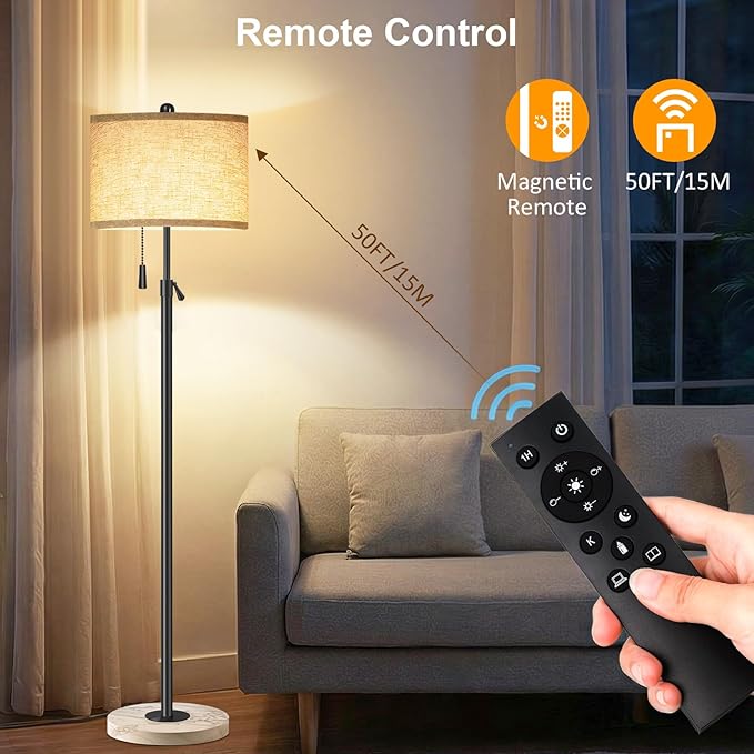 Floor Lamp for Living Room, Floor Lamp with Remote Control, Adjustable Height Modern Standing Lamp with Marble Base & Linen Shade, Dimmable Tall Floor Light for Bedroom, Reading Black