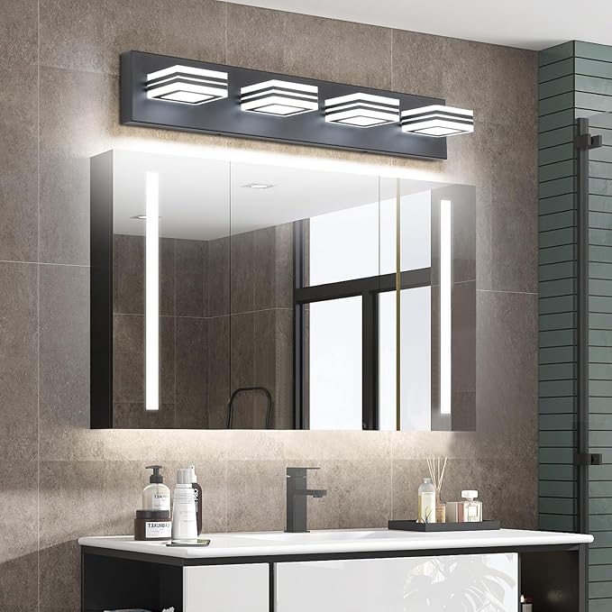 SOLFART Black Bathroom Light Fixtures 4 Lights Bathroom Vanity Lighting LED Dimmable Modern Black Vanity Lights Over Mirror