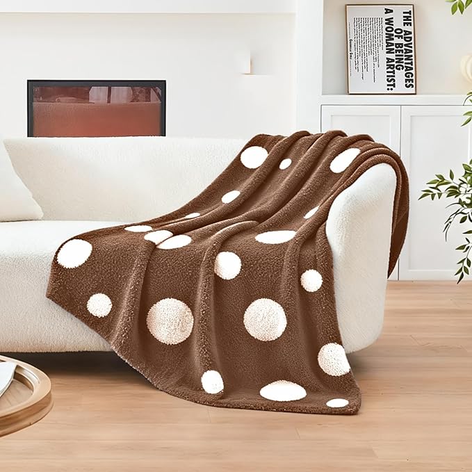CozeCube Super Soft Fullfy Microfiber Reversible Knitted Blankets, Warm Cozy Fuzzy Plush Throw, Dark Brown and White Polka Dot Throw Blanket for Couch Bed Sofa, 50" x 60"