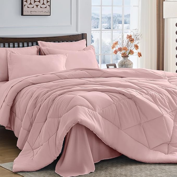 HEVUMYI Dusty Pink Full Comforter Set - 7-Piece All Season Bed in a Bag Full, Ultra Soft Bedding Set with Comforter, Flat Sheet, Fitted Sheet, Pillowcases, Pillow Shams