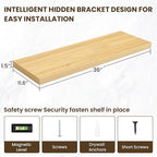 36 Inch Floating Shelves, 12 Inch Deep Floating Shelves for Wall, Floating Shelf with Invisible Brackets, Deep Shelves for Bathroom, Bedroom, Living Room, 2 Pack, Natural