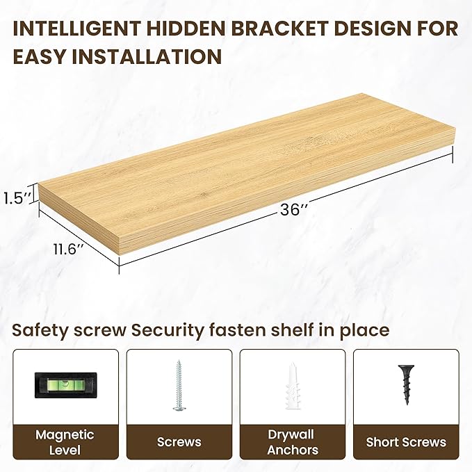 36 Inch Floating Shelves, 12 Inch Deep Floating Shelves for Wall, Floating Shelf with Invisible Brackets, Deep Shelves for Bathroom, Bedroom, Living Room, 2 Pack, Natural