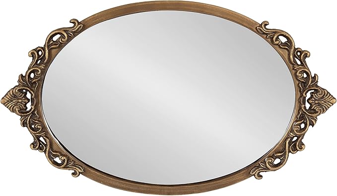 Kate and Laurel Arendahl Vintage Oval Mirrored Decorative Tray; 17 x 10; Antique Gold; Traditional Ottoman Tray for Living Room Home Decor with Ornate Detailing