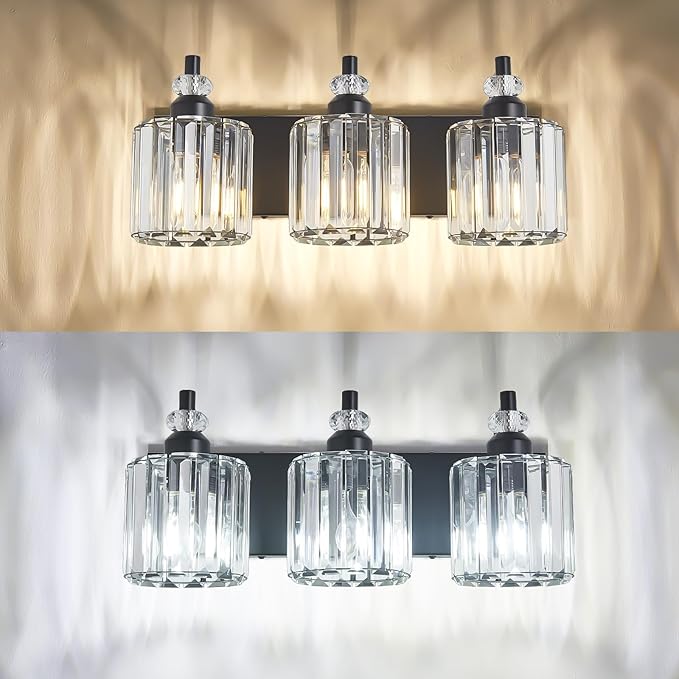 3-Light Black Bathroom Light Fixtures Over Mirror Modern Vanity Lights Crystal Wall Sconce Vintage Bathroom Lighting with Crystal Shade E26 Base for Bedroom, Living Room, Hallway