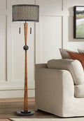 Franklin Iron Works Hunter Modern Mid Century Farmhouse Rustic Floor Lamp 64" Tall Bronze Cherry Wood Perforated Metal Cream Linen Double Drum Shade for Living Room Reading Bedroom Office House
