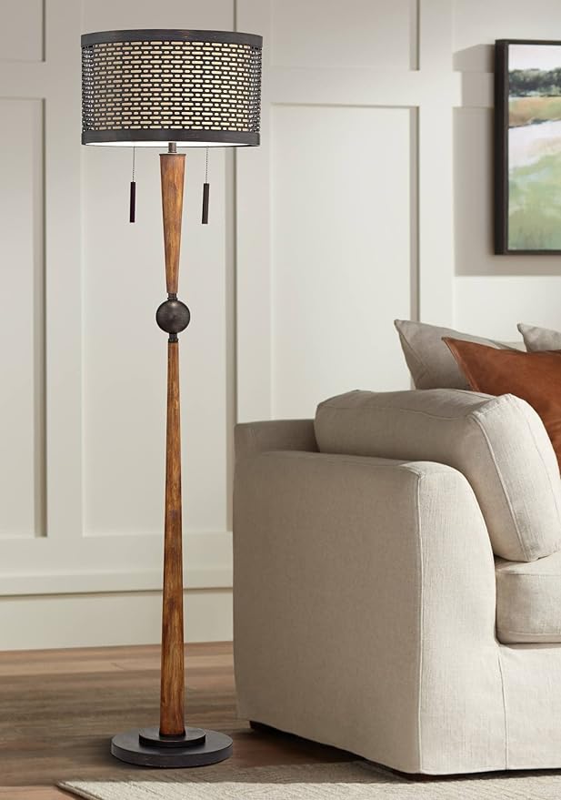 Franklin Iron Works Hunter Modern Mid Century Farmhouse Rustic Floor Lamp 64" Tall Bronze Cherry Wood Perforated Metal Cream Linen Double Drum Shade for Living Room Reading Bedroom Office House
