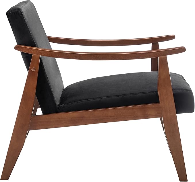 Accent Chair with Velvet Upholstery and Solid Wood Frame, Classic Mid-Century Modern Living Room Furniture for Extra Seating, Black