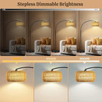 Arc Floor Lamp for Living Room, Rattan Boho Floor Lamp with Remote Control, Black Standing Lamp with 3 Color Temperatures & Dimmable LED Bulb, Tall Lamp for Bedroom, Over Couch Arched Reading Light