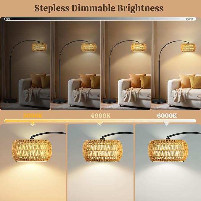 Arc Floor Lamp for Living Room, Rattan Boho Floor Lamp with Remote Control, Black Standing Lamp with 3 Color Temperatures & Dimmable LED Bulb, Tall Lamp for Bedroom, Over Couch Arched Reading Light