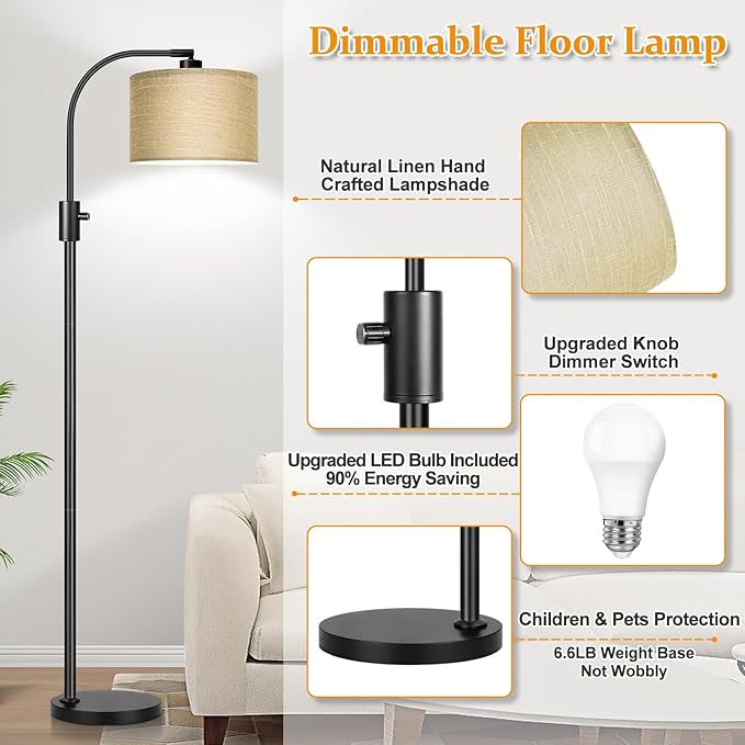 【Upgraded】 Dimmable Matte Black Floor Lamp, 1201 Lumens LED Bulb Included, Arc Floor Lamps for Living Room Modern Standing Lamp with Champagne Linen Shade, Tall Lamp for Living Room Bedroom Office