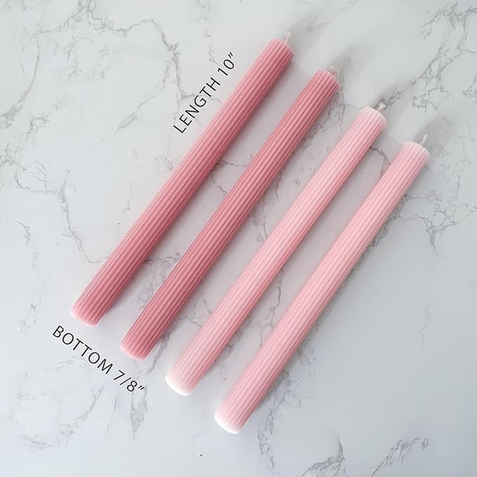 10" Candle Sticks, Ribbed Taper Candles, 2 Pink Shades, 4-Pack, Unscented