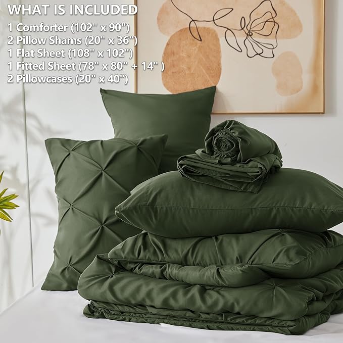 CozyLux King Size Comforter Set Olive Green, 7 Pieces Pintuck Bed in A Bag Green Comforter King Size, Pinch Pleat Bedding Set with All Season Comforter, Sheets, Pillowcases & Shams