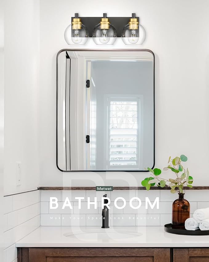 Bathroom Light Fixtures, 3-Light Black and Gold Bathroom Vanity Light, Modern Wall Sconces with Globe Clear Glass Shade, Vanity Lighting Fixtures Over Mirror, VL195-KG-3