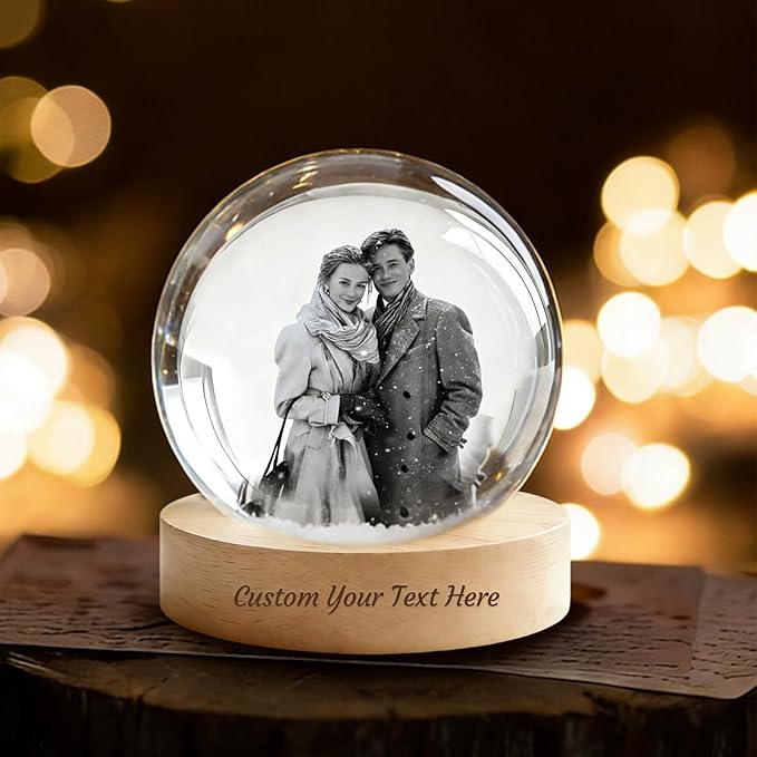 QYH Personalized 3D Crystal Photo Snow Globe, 3D Engraved Memory Sphere with Wooden Base, LED Night Light, Custom Gifts for Pets, Couples, Babies, Parents, Anniversary, Christmas, Birthday