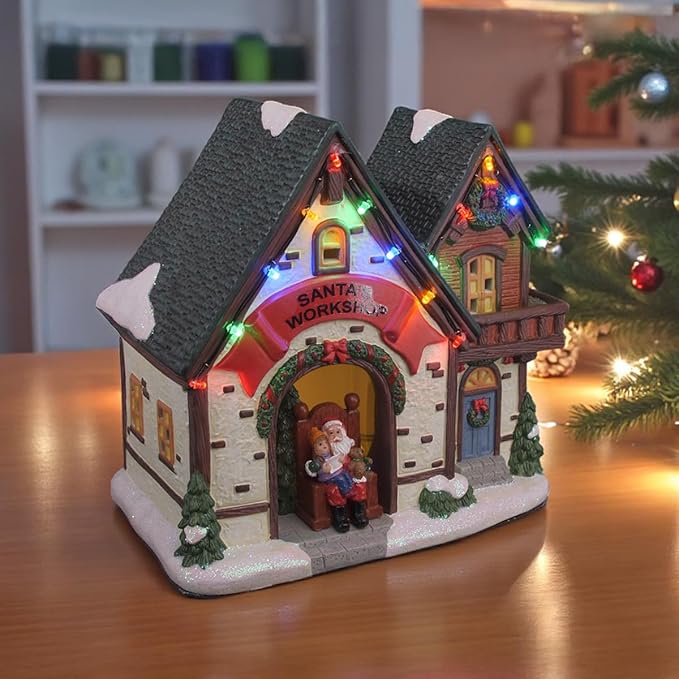 Santa's Workshop Porcelain Christmas Village with LED Lights