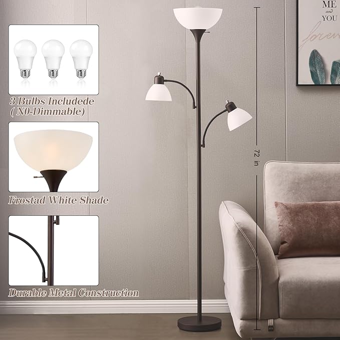 Luvkczc Floor Lamps for Living Room, 72" Tall Standing Lamp, Torchiere Lamp with 2 Reading Lamps, Industrial Bright Floor Lamp for Bedroom, Office, Dresser, Brown Lamps, 3 LED Bulbs Included
