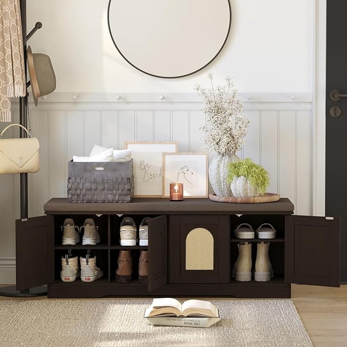 DINZI LVJ Shoe Bench, Boho Entryway Bench with Rattan-Like Doors, Cushion, Adjustable Shelves, 2-Tier Shoe Rack with seat, 47.2”L x 13.8”W Shoe Organizer Cabinet for Hallway, Bedroom, Espresso Rattan