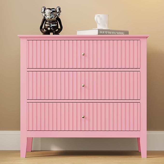 Pink 3 Drawer Dresser Set of 2, Painted 30 Inch Tall Wood Nightstand with Storage, Wide Modern Chest of Drawers with Ball Bearing Slide for Bedroom Hallway Living Room Entryway Office