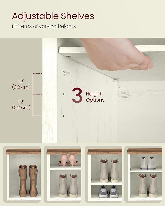 VASAGLE Shoe Bench, Storage Bench, 6 Compartments, Adjustable Shelves, for Living Room, Entryway, Dorm, 11.6 x 39.4 x 19.7 Inches, Rustic White and Honey Brown ULSB036W02