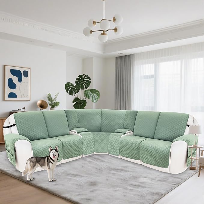 Reclining Sectional Couch Covers 100% Waterproof Velvet L Shape Recliner Couch Covers for Sofa Pets Washable Anti Slip Recliner Slipcovers with Pockets (5 Seat Sofa with 2 Console, Sage Green)