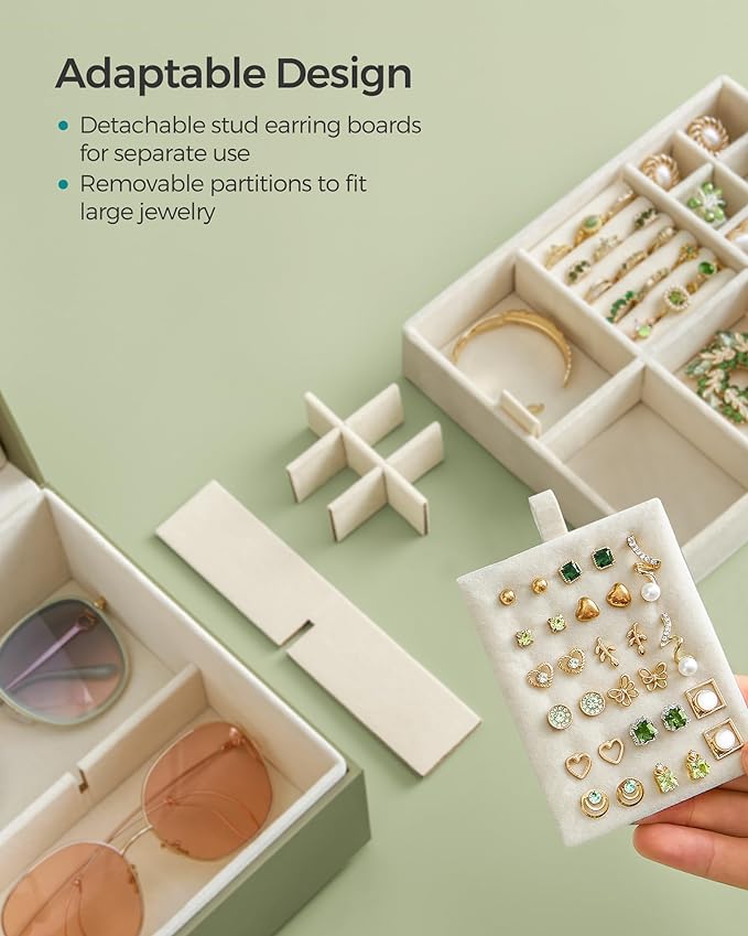 SONGMICS 2-Layer Jewelry Box, Jewelry Organizer with Handle, Removable Jewelry Tray, Jewelry Storage, Floating Effect, 8.1 x 9.4 x 4.3 Inches, Gift Idea, Sage Green UJBC165C02