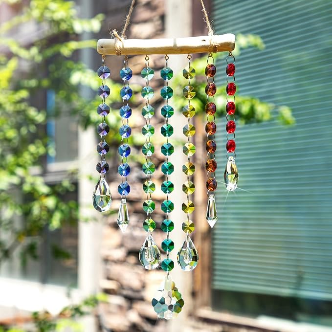 12inch Hanging Crystal Prism Suncatcher Window Garden Decoration Ornament for Christmas Tree Rainbow Glass Beads Chain Pendant Crystal Wind Chimes
