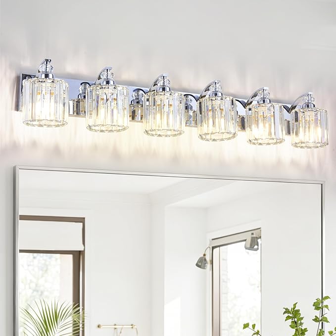 6-Light Modern Bathroom Light Fixture Chrome Vanity Lights Over Mirror Wall Sconce Lighting with K9 Crystal Shades Bathroom Wall Lamp E26 Base for Bedroom, Living Room, Hallway