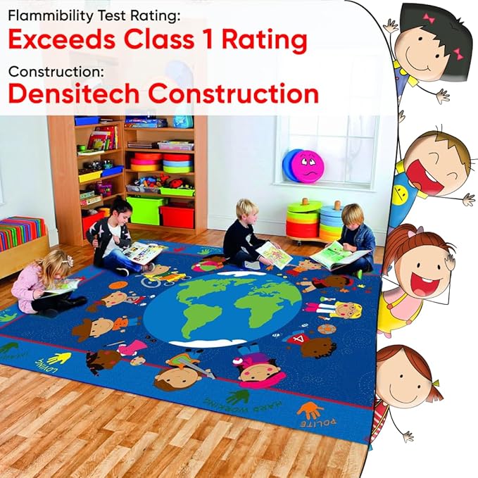 KIDCARPET.COM World Character Rectangle Classroom Rug | Bordered Area Rug for Preschool Daycare Learning, 4' x 6'
