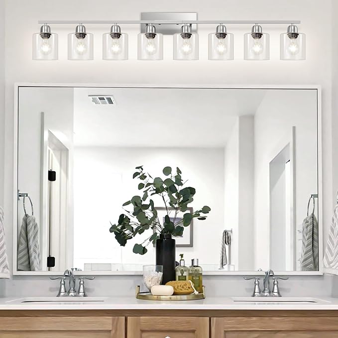 Modern Brushed Nickel 8 Light Bathroom Light Fixtures,52 inch Vanity Lights for Bathroom with Clear Glass for Mirror Kitchen Living Room Hallway Cabinet Porch