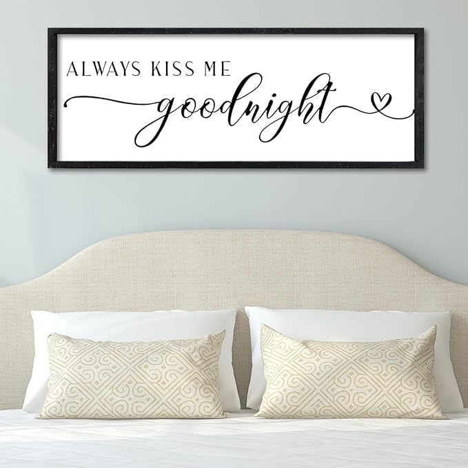 Surfapans Master Bedroom Above Bed Wall Decor 32"×12" Always Kiss Me Goodnight Sign Rustic Farmhouse Couples Over Bed Romantic Love Quotes Modern Large Wood Frame Horizontal Wall Hanging Art (Black
